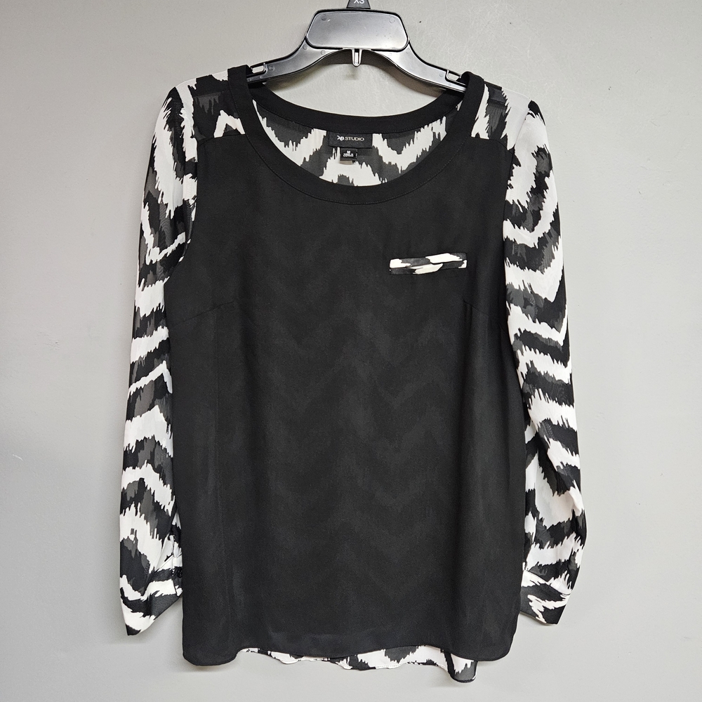 AB Studio Women's Medium Shirt Black and White Chevron Long Sleeve Sheer Blouse